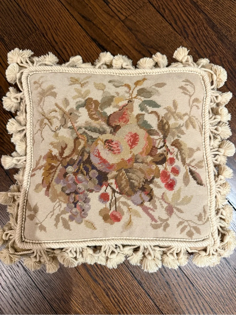 Floral Needlepoint Tassel Throw Pillow - Cream, Multicolor
